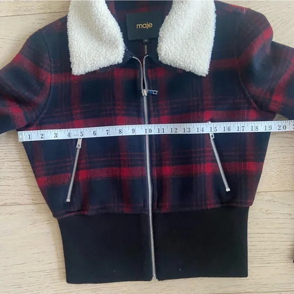 MAJE Bloppane Plaid Wool Blend Bomber Jacket FR38 US6 Red Navy Parisian Chic - Picture 10 of 11